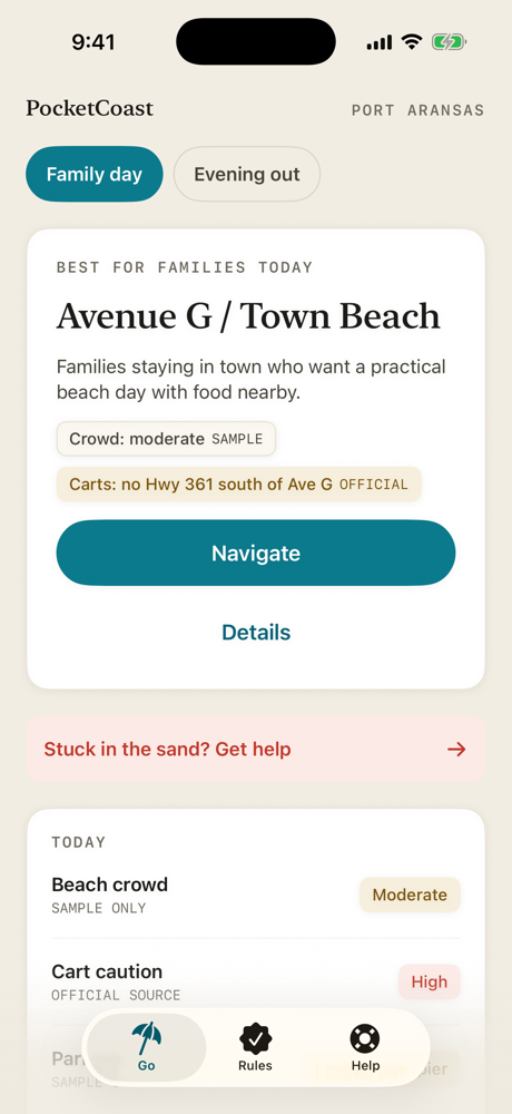 The PocketCoast app recommending Avenue G / Town Beach as best for families today, with crowd and cart-rule chips, a Navigate button, and a stuck-in-the-sand help row
